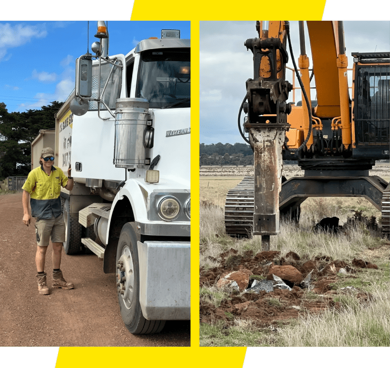 Construction worker with truck and excavator digging.